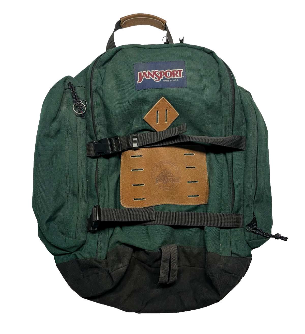 Vtg 90s JANSPORT x USA-MADE Green LEATHER-PATCH BACKPACK Outdoor Hike Gear Bag