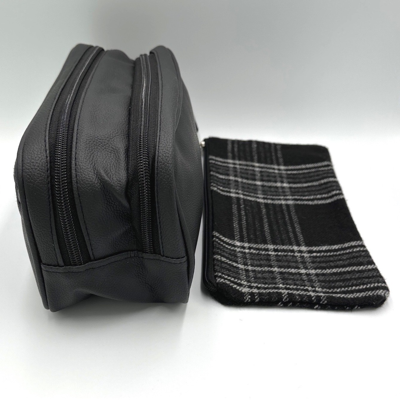 Jet Set Black Faux Leather Dopp Kit & Plaid Zipper Pouch Travel Toiletry Set NEW