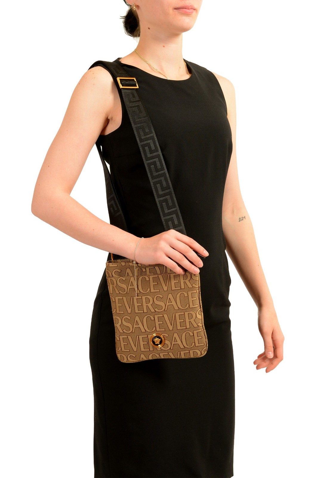 Versace Unisex Gold Medusa Logo Print Canvas Crossbody Shoulder Bag