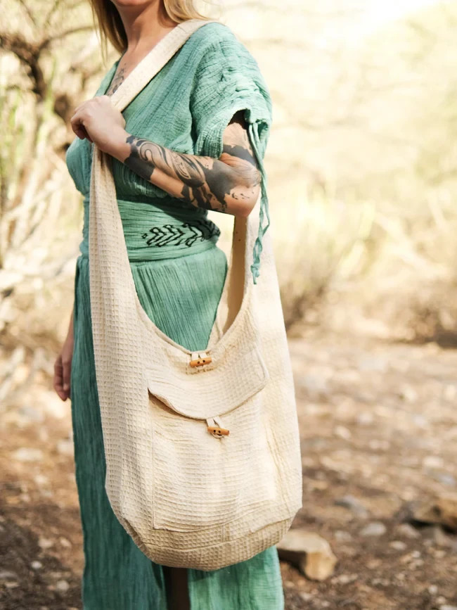 Waffle Cotton Hobo Bag Boho Crossbody Shoulder Natural Cream Slouchy