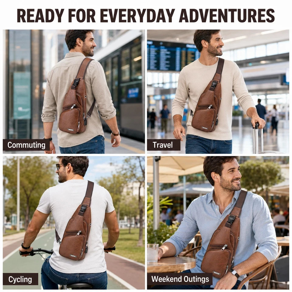 Men’s Brown Sling Backpack Crossbody Chest Bag with USB Charging Port