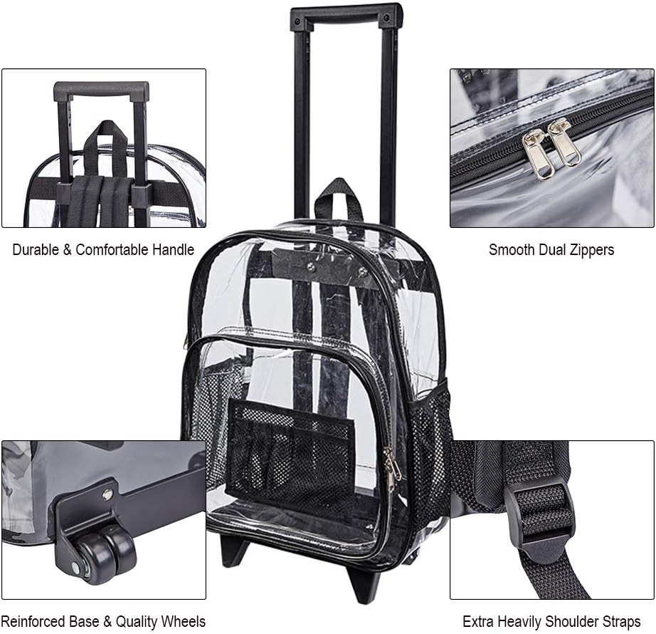 Rolling Clear Backpack, Heavy Duty See through Bookbag, Transparent PVC Cold-Res