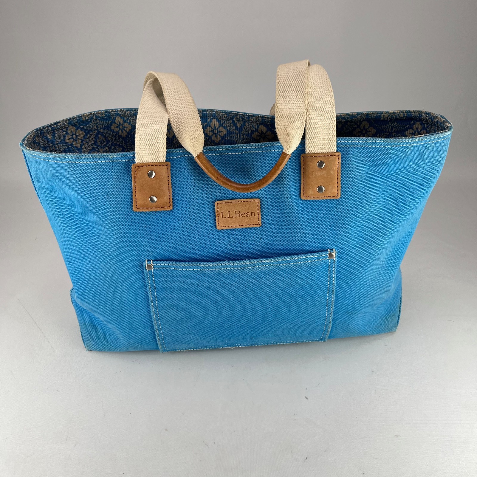 LL Bean Boat Tote Bag – RARE Reversible Solid Blue or Print Leather Handles