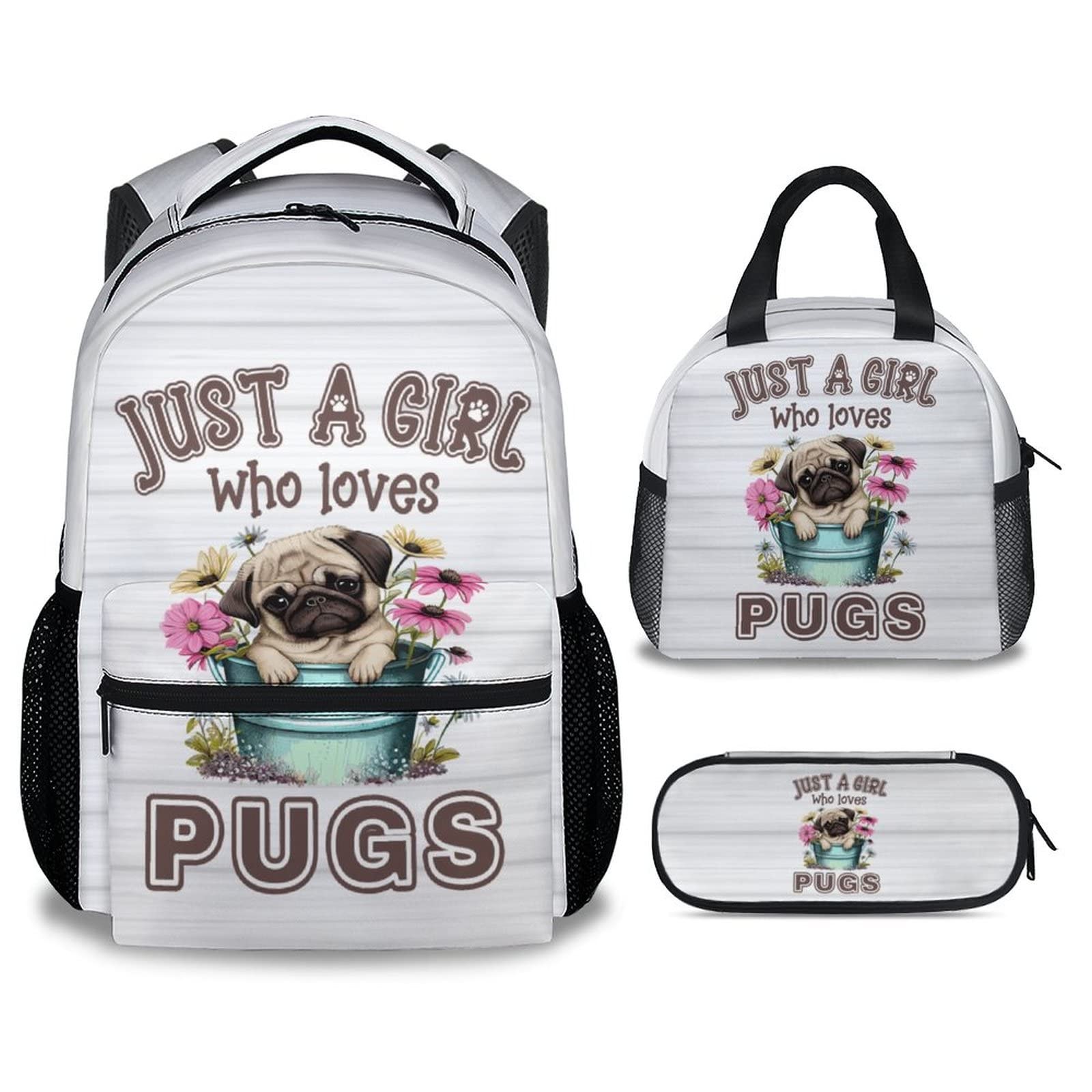 Pug Backpack 16 Inch with Lunch Box & Pencil Case – Durable School Bag for Kids