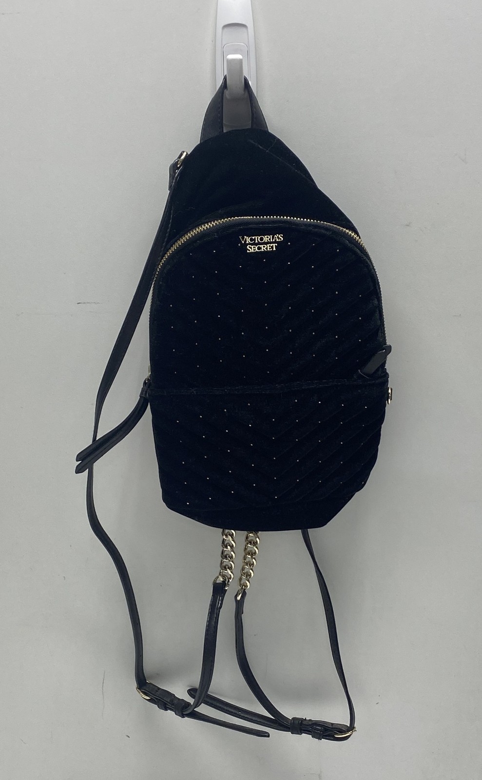 Victoria’s Secret Black Velvet Quilted Studded Mini Backpack Gold Hardware