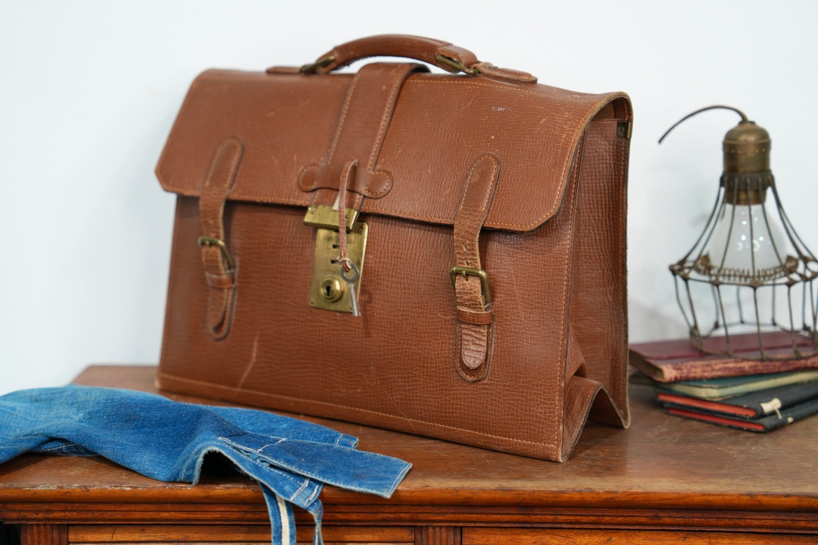 VTG Brown Leather Attache Briefcase Portfolio Document Bag w/ key 1940s Japan