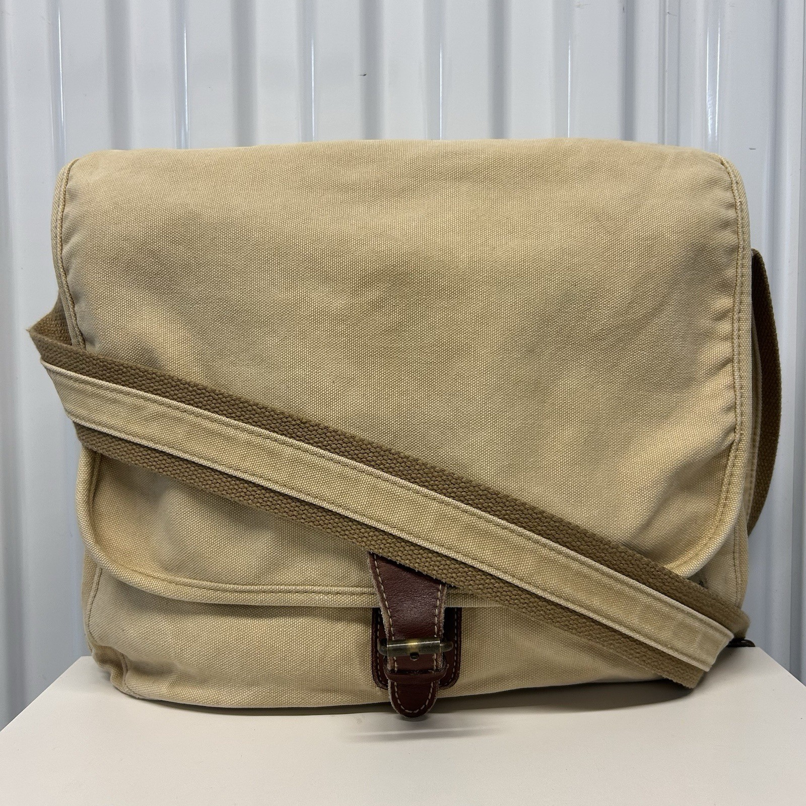 VTG 90s Banana Republic Flap Crossbody Messenger Bag Tan Brown Canvas Leather