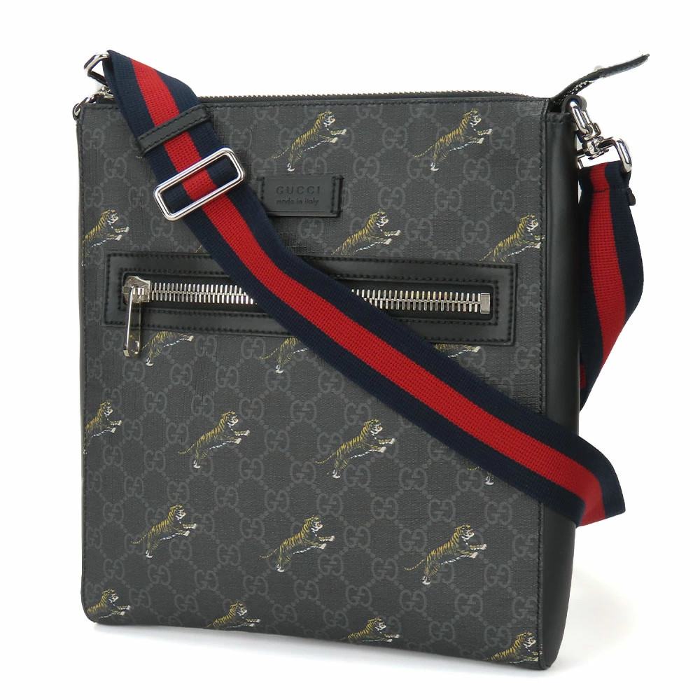 Gucci Shoulder Bag 474137 GG Supreme Canvas Black Gray Silver Hardware Tiger