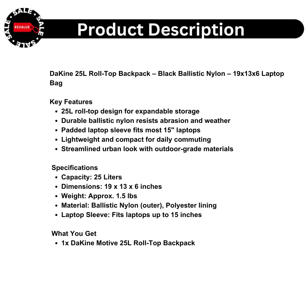 DaKine 25L Roll-Top Backpack – Black Ballistic Nylon – 19x13x6 Laptop Bag