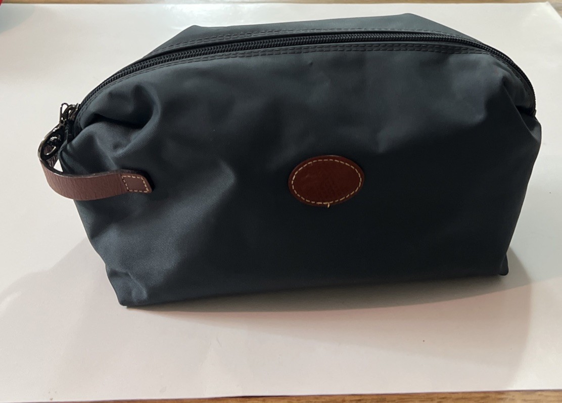 Longchamp Cosmetic Bag Nylon Grayish- Blue & Brown Leather Toiletry Travel Pouch