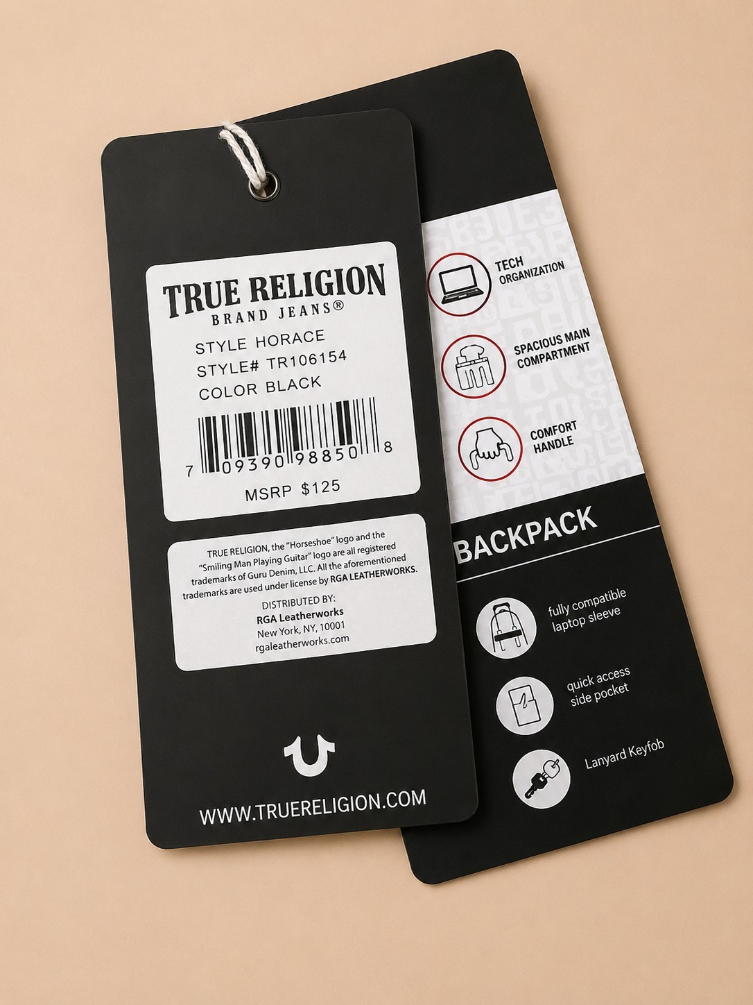 True Religion Horace Black Backpack Laptop School Travel Bag Tech Organizer New