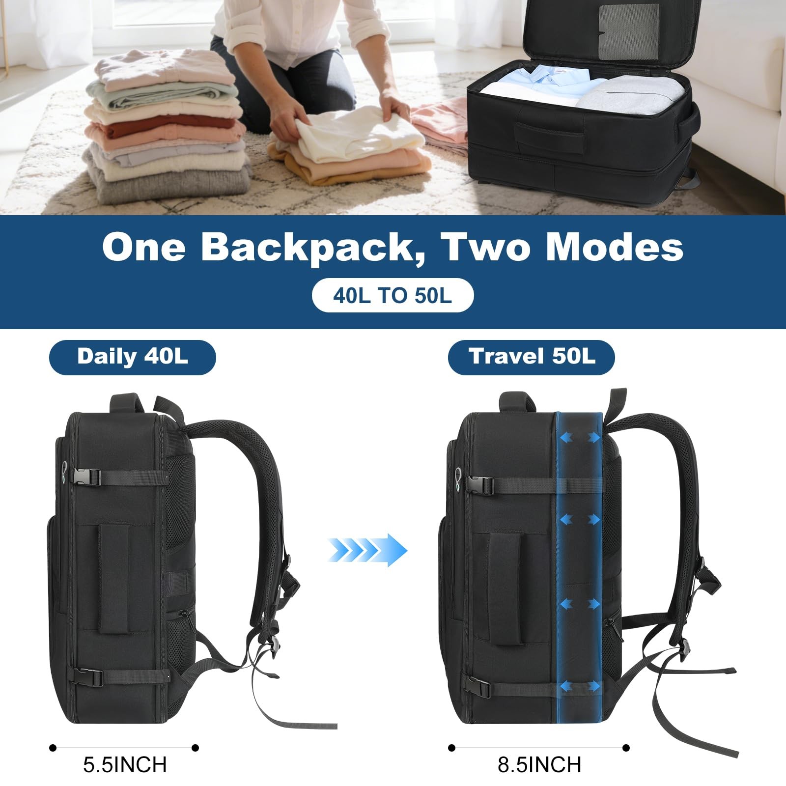 Travel Backpack,Carry on Backpack Expandable 40-50L with USB Cable Port,Fits …