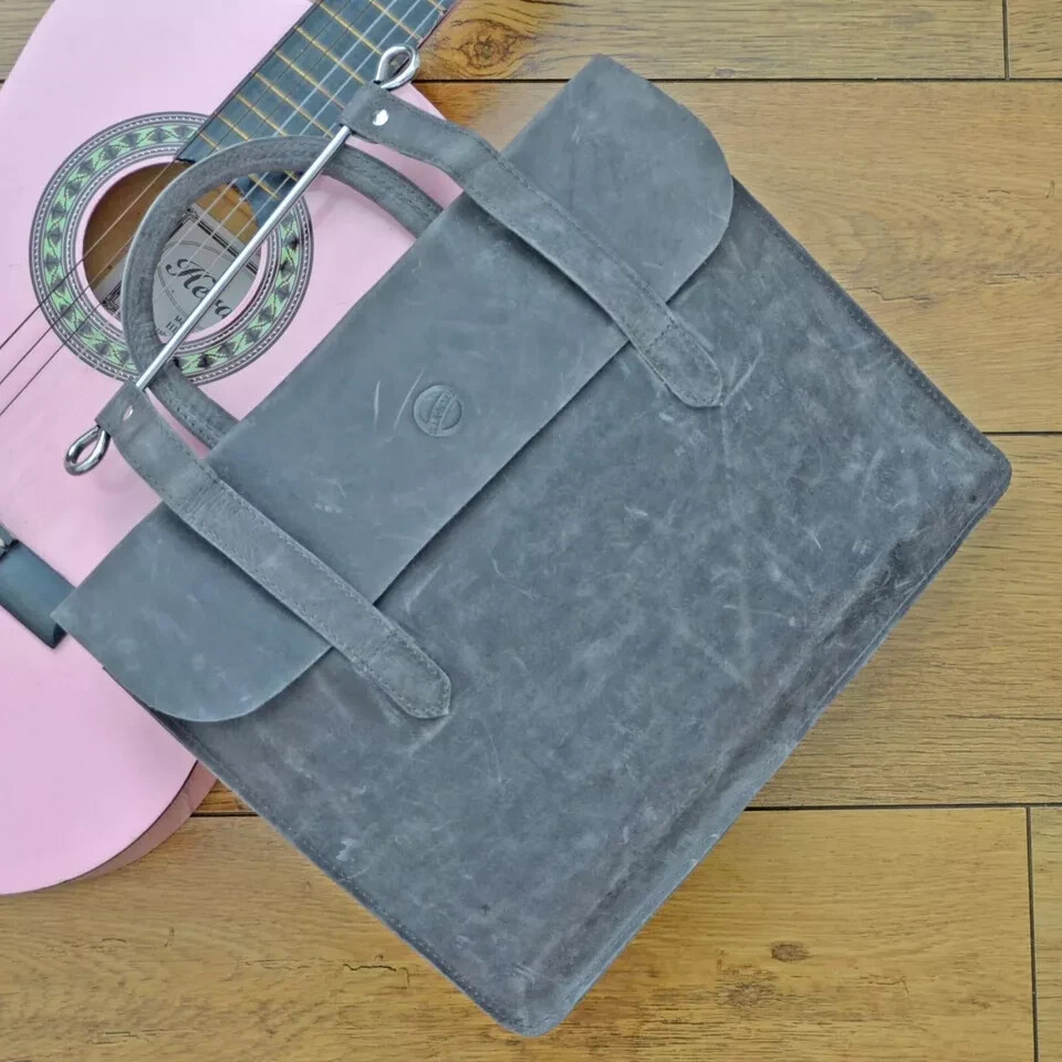 Charcoal Grey Genuine Leather Handmade Music Bag Unisex Portfolio Office Laptop