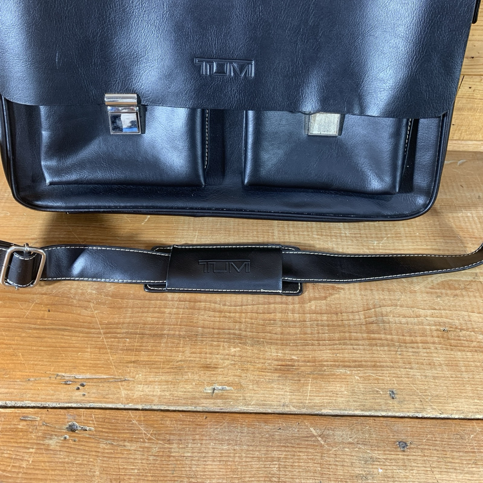 Tumi Messenger Bag, Black Leather Contrast Stitch, Leather Strap, Missing Latch
