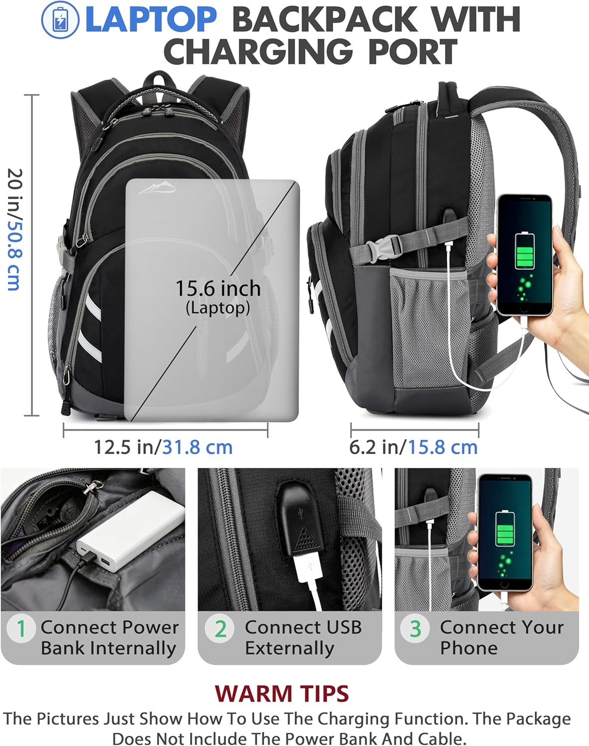 Backpack Bookbag for College Laptop Travel, Fit Laptop up to 15.6 Inch with USB
