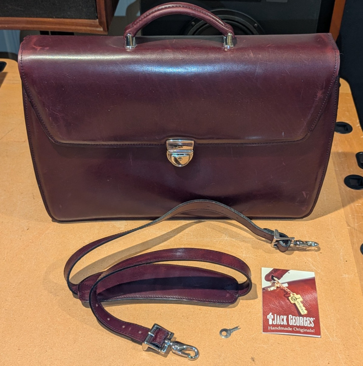 VTG Burgundy Leather Briefcase Jack Georges Originals Lockable w strap & key