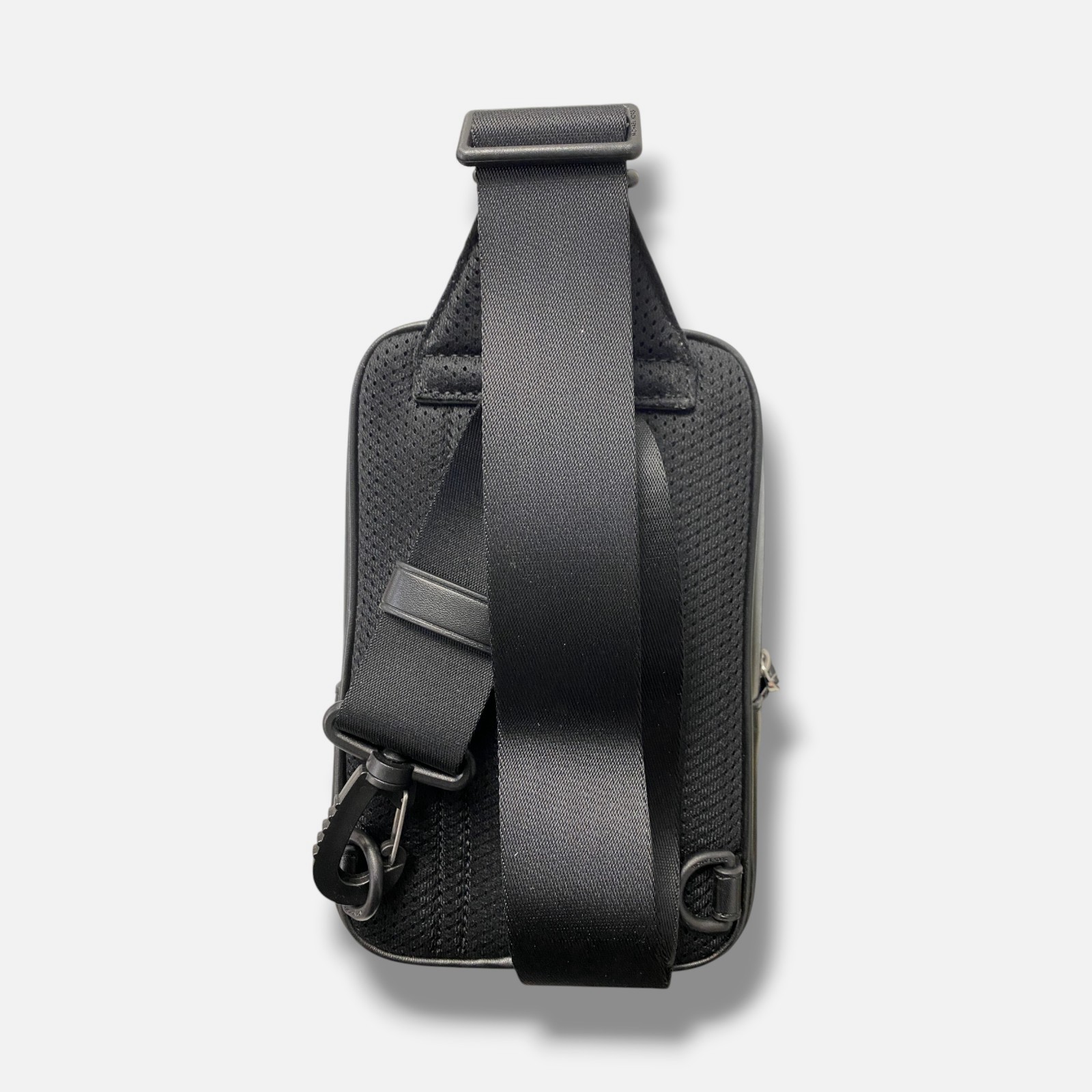 Michael Michael Kors Men’s Black Leather Silvertone Logo Canvas Sling Pack Bag