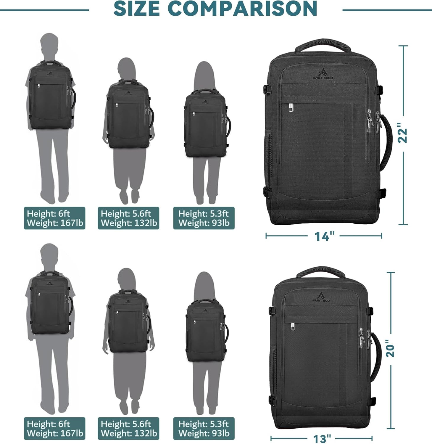 50L Expandable Travel Backpack, Fits 17″ Laptop, Water-Resistant, Black