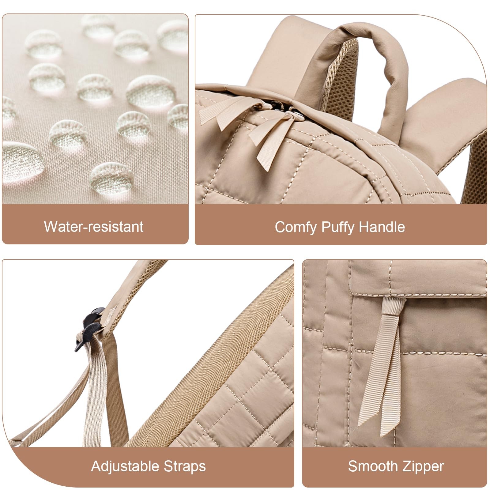 Travel Backpack Women Work Quilted College Bag Fits 15.6 Inch Laptop Khaki