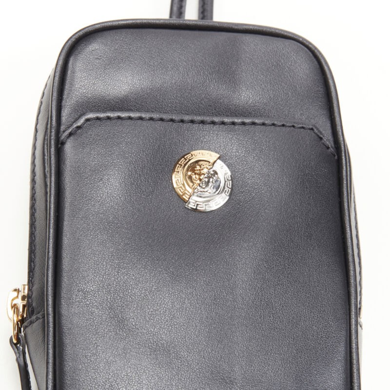 VERSACE Clash Demi Medusa gold silver split black leather neck crossbody bag