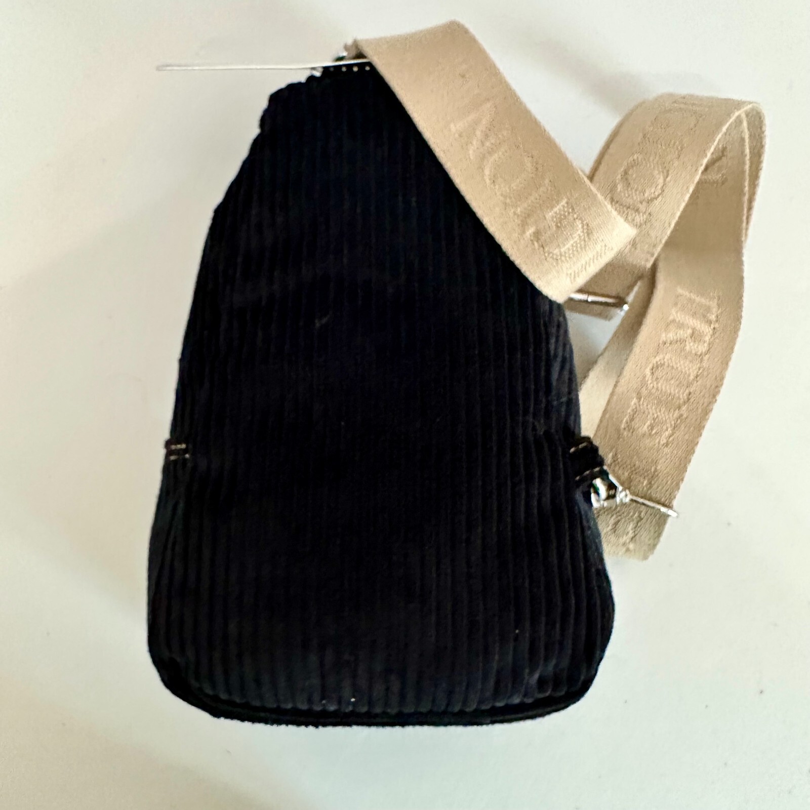 TRUE RELIGION CORDUROY SOFT SLING BACKPACK BAG BLACK WITH CONTRAST TRIM UNISEX