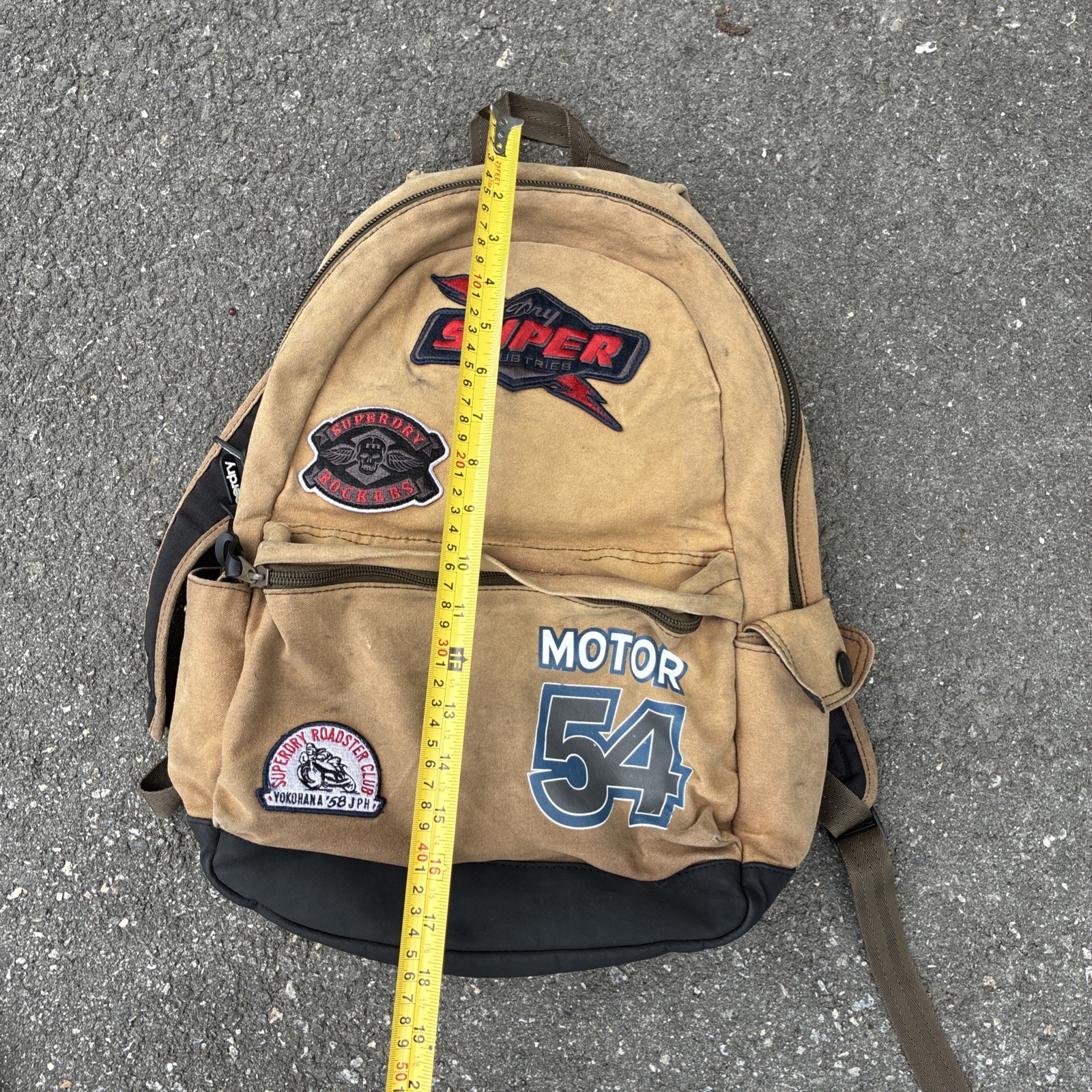 Superdry Small PATCHES Backpack Bag Brown “Motor 54” Bag! Rare!