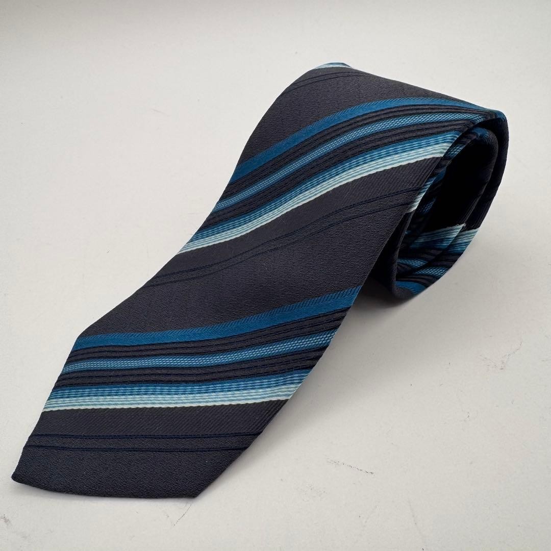 DKNY Donna Karan NY Regimental Tie Charcoal Blue Silk Made in Japan