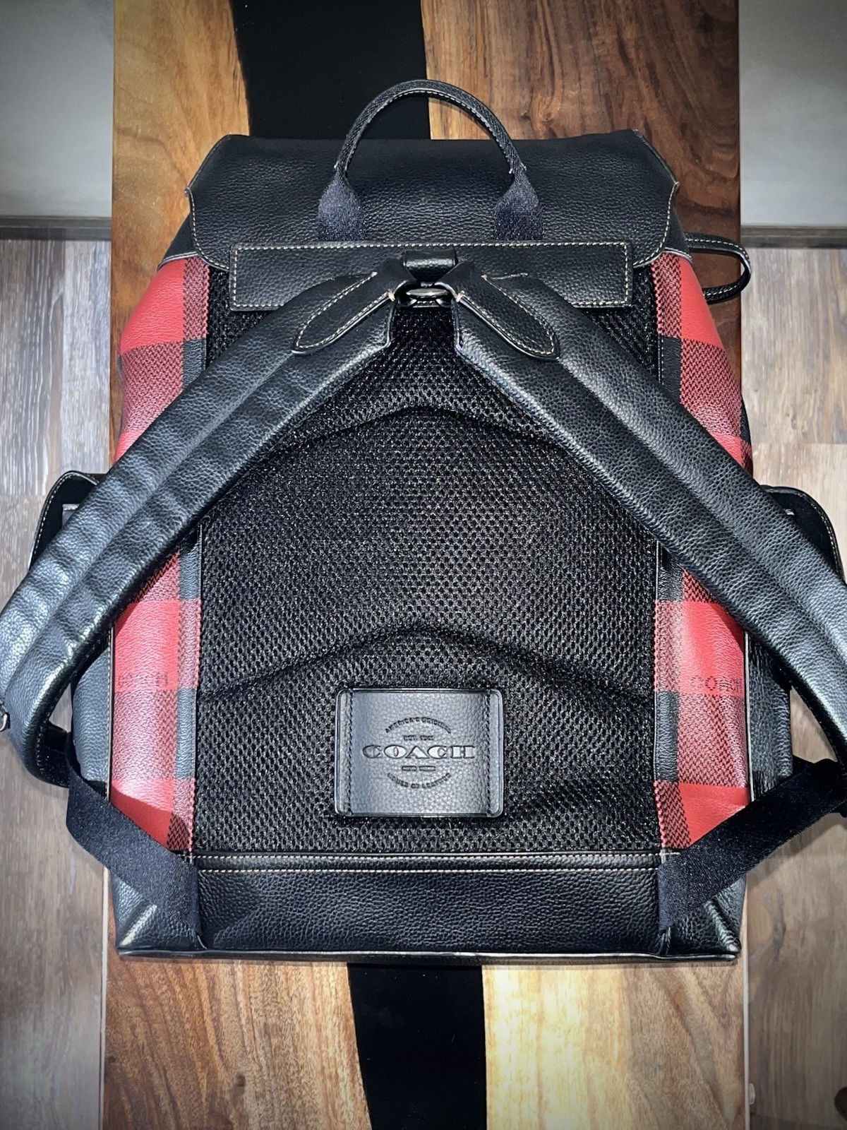 Coach C1240 Hudson Backpack Buffalo Plaid Red Black Leather Rucksack Laptop Bag