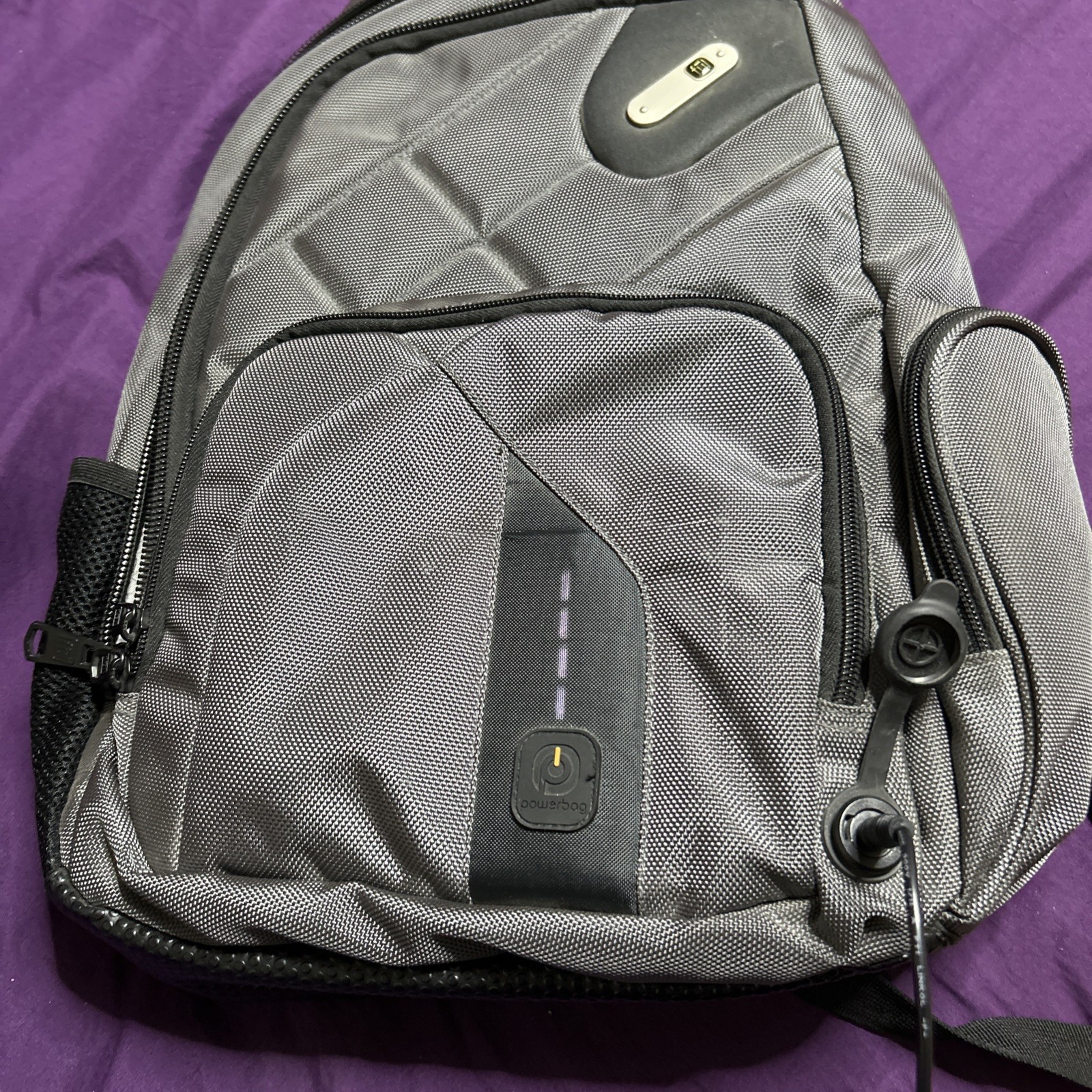 Powerbag Gray Sling Backpack Crossbody w/ Powerbank, Zip Pockets Travel