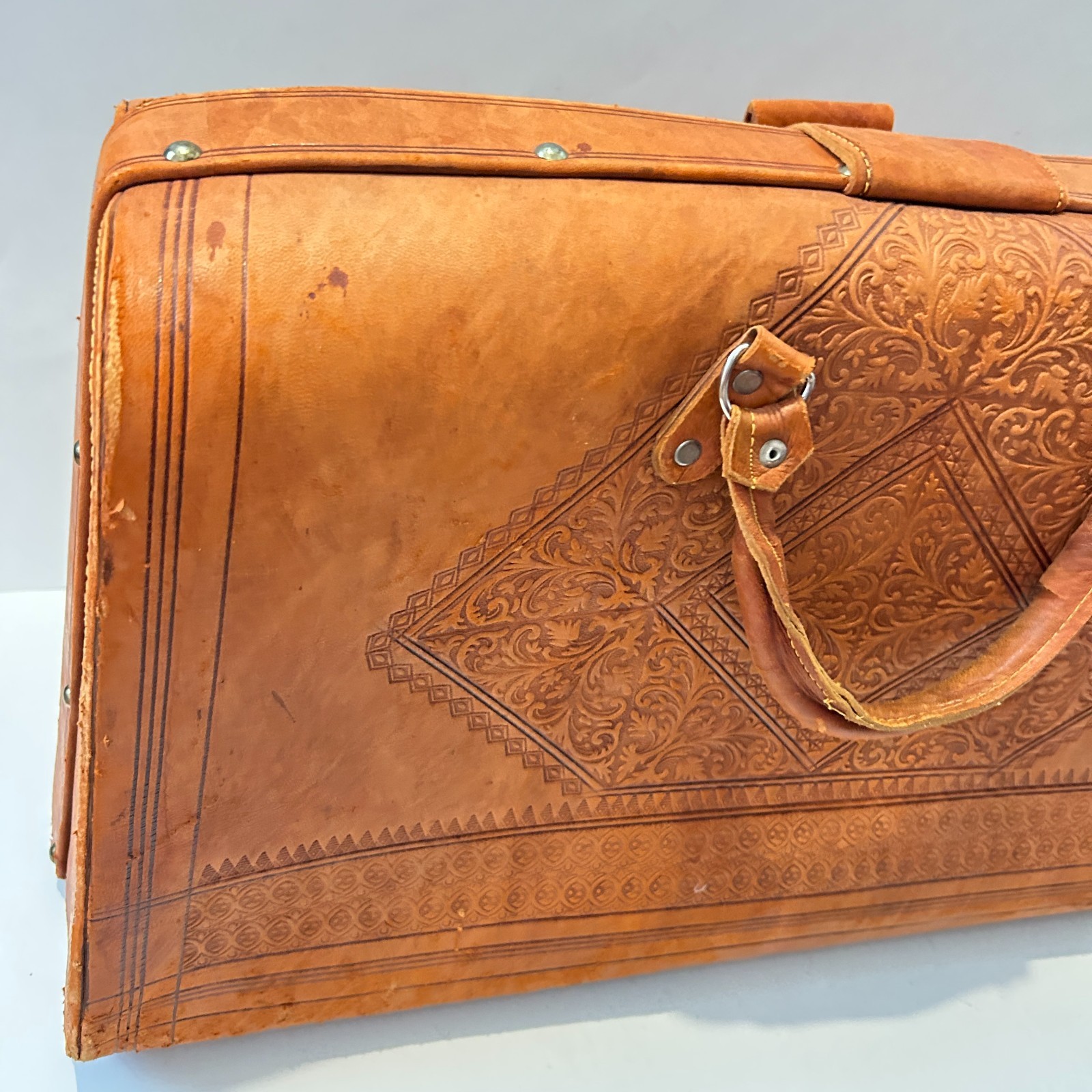 Vtg Egyptian Tooled Leather Suitcase Overnight Satchel Bag Handmade OOAK