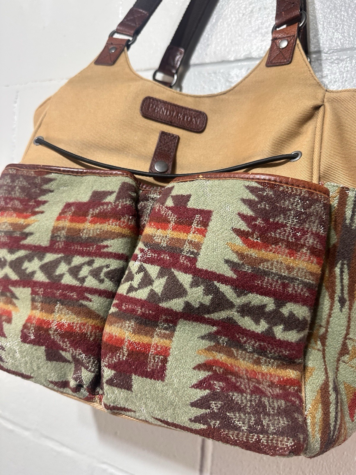 Vintage Pendleton Tan Canvas Wool Geometric Aztec Boho SouthwesternShoulder Bag