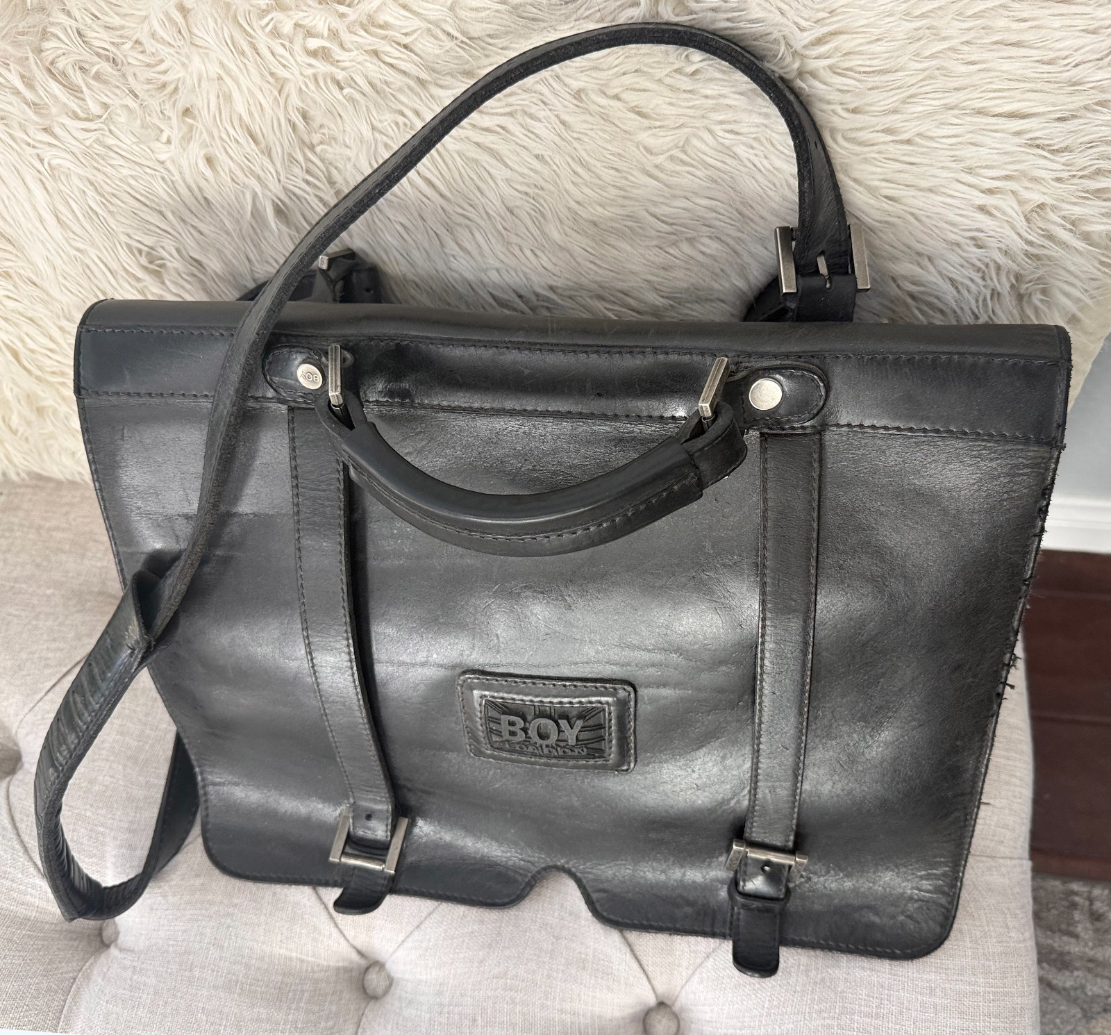 BOY London *RARE* Black Leather Briefcase Shoulder Bag Vtg 80s MELROSE messenger