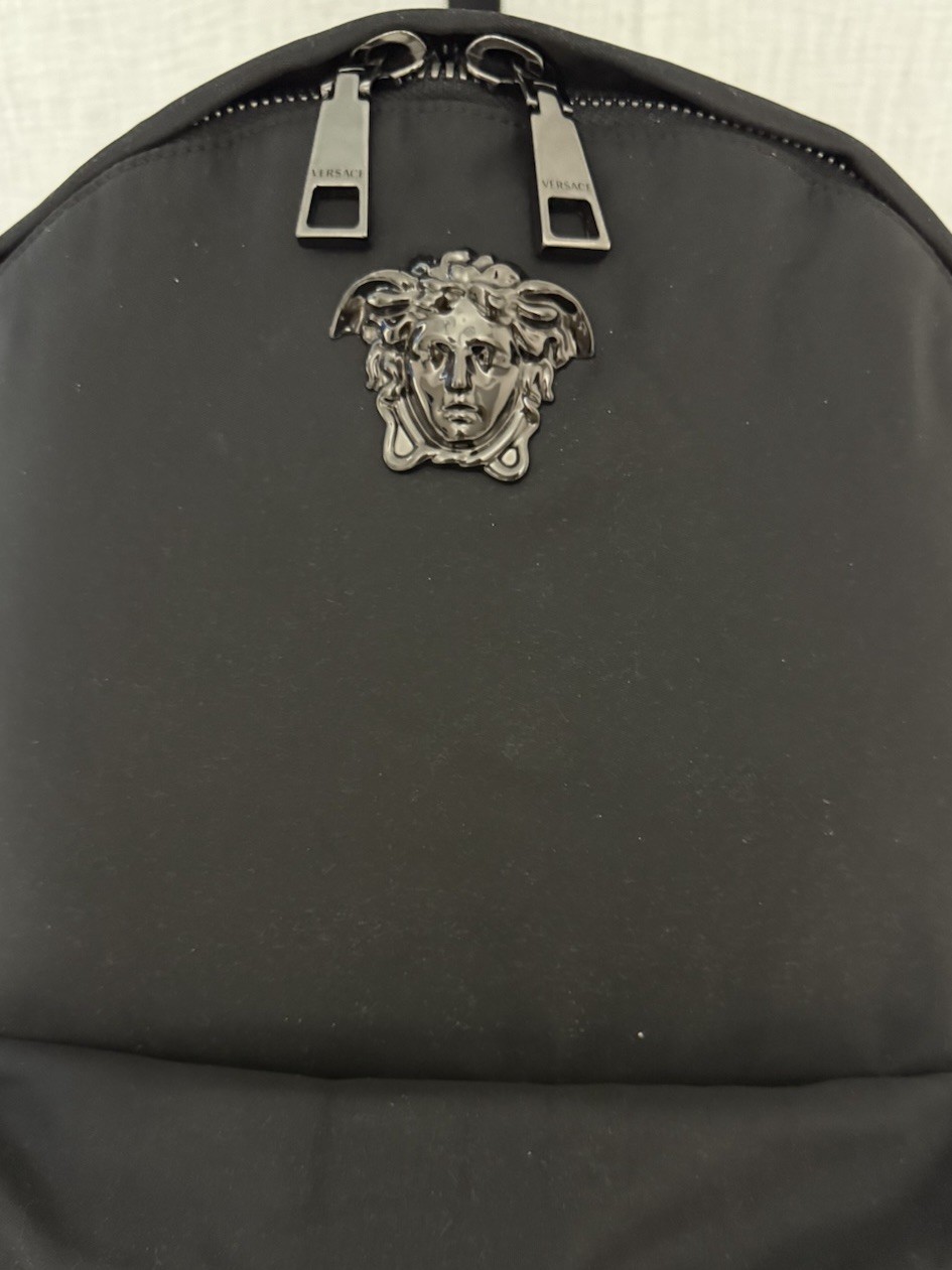 Versace Black-On-Black Nylon Backpack – Leather Front Panel w/ Stud Detail