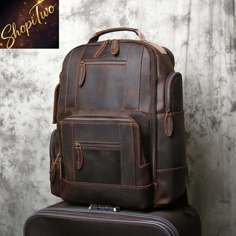 NZPJ Retro Genuine Leather Men Backpack Top Layer Cowhide Rucksack Fashion Man
