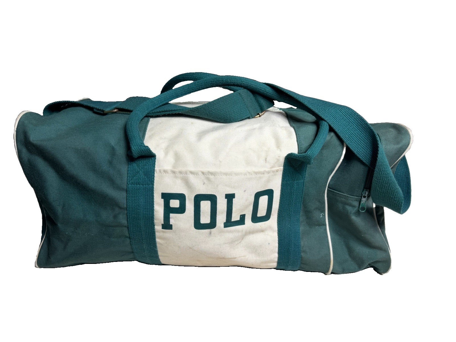 Vtg Polo Ralph Lauren Green White Stripe Logo Canvas Duffle Gym Bag 23x11x11″