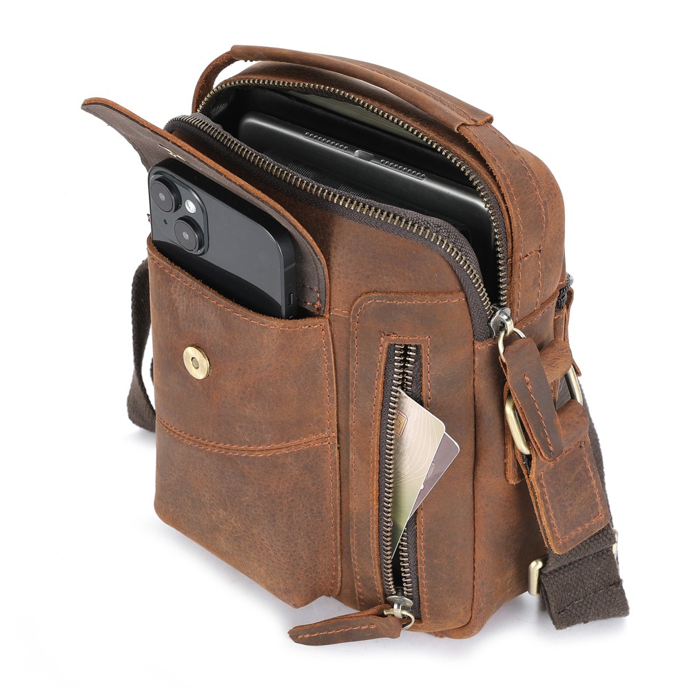 Men’s Sling Shoulder Messenger Bag Crazy Horse Genuine Leather Zipper Handbag