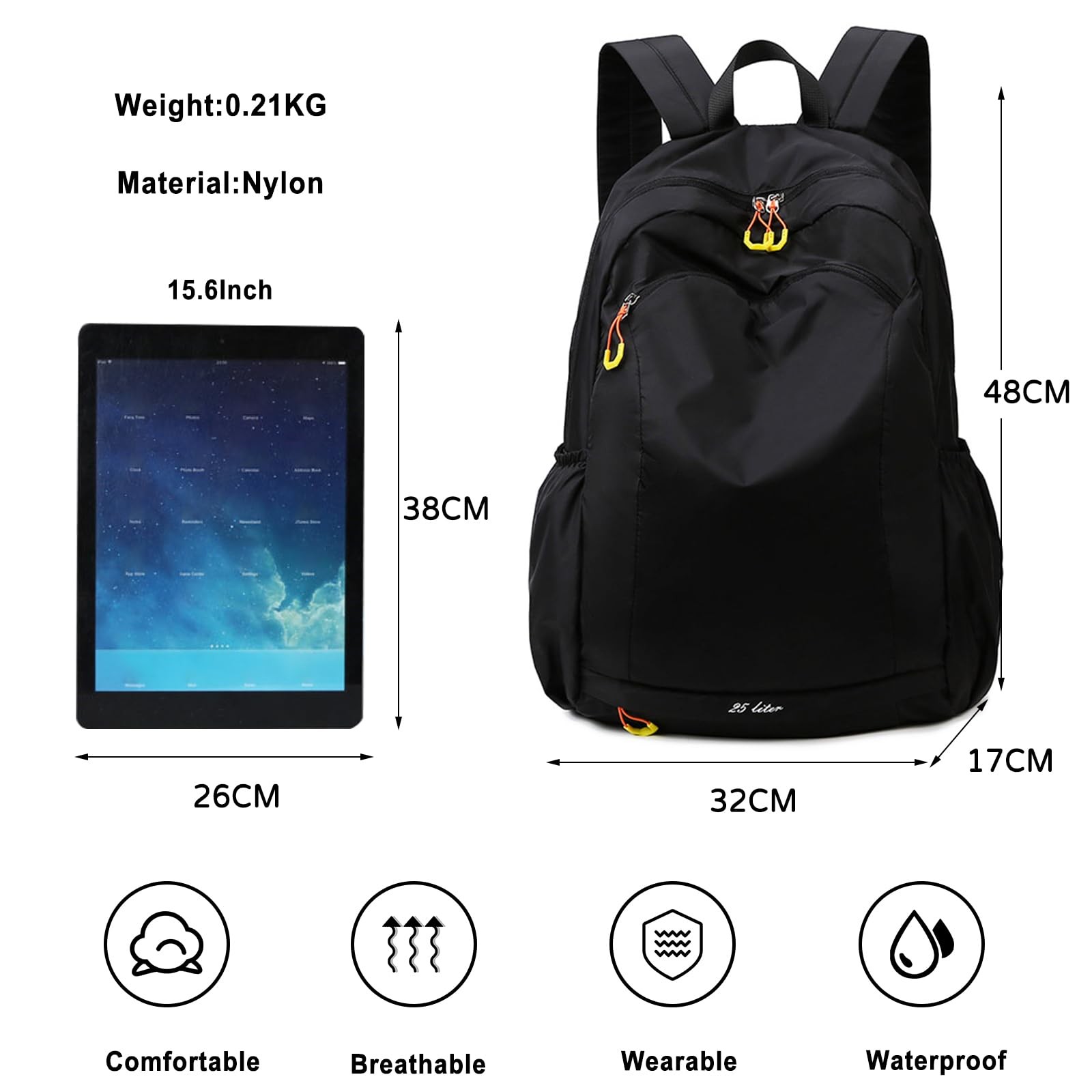 Casual Backpack Daypack 25 L Waterproof Lightweight Rucksack Black 1 PCS