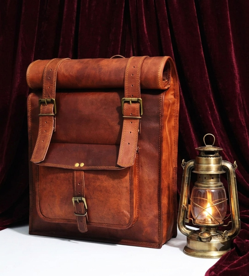 Genuine Goat Leather Roll Top Backpack Handmade Rugged Elegance Bag