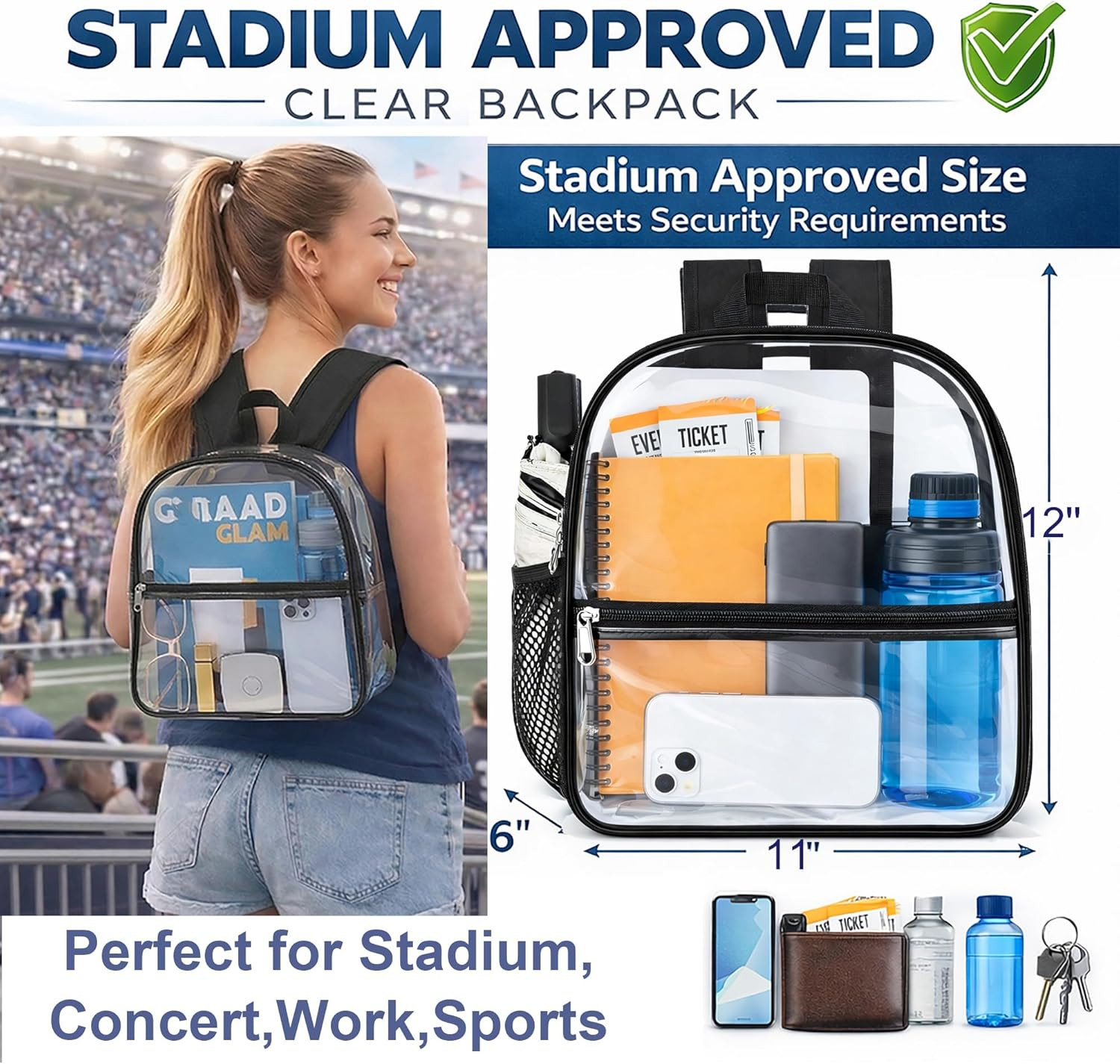Clear Backpack Stadium Approved, Clear Bag 12 x 6 x 11 in, Small Transparent Bac