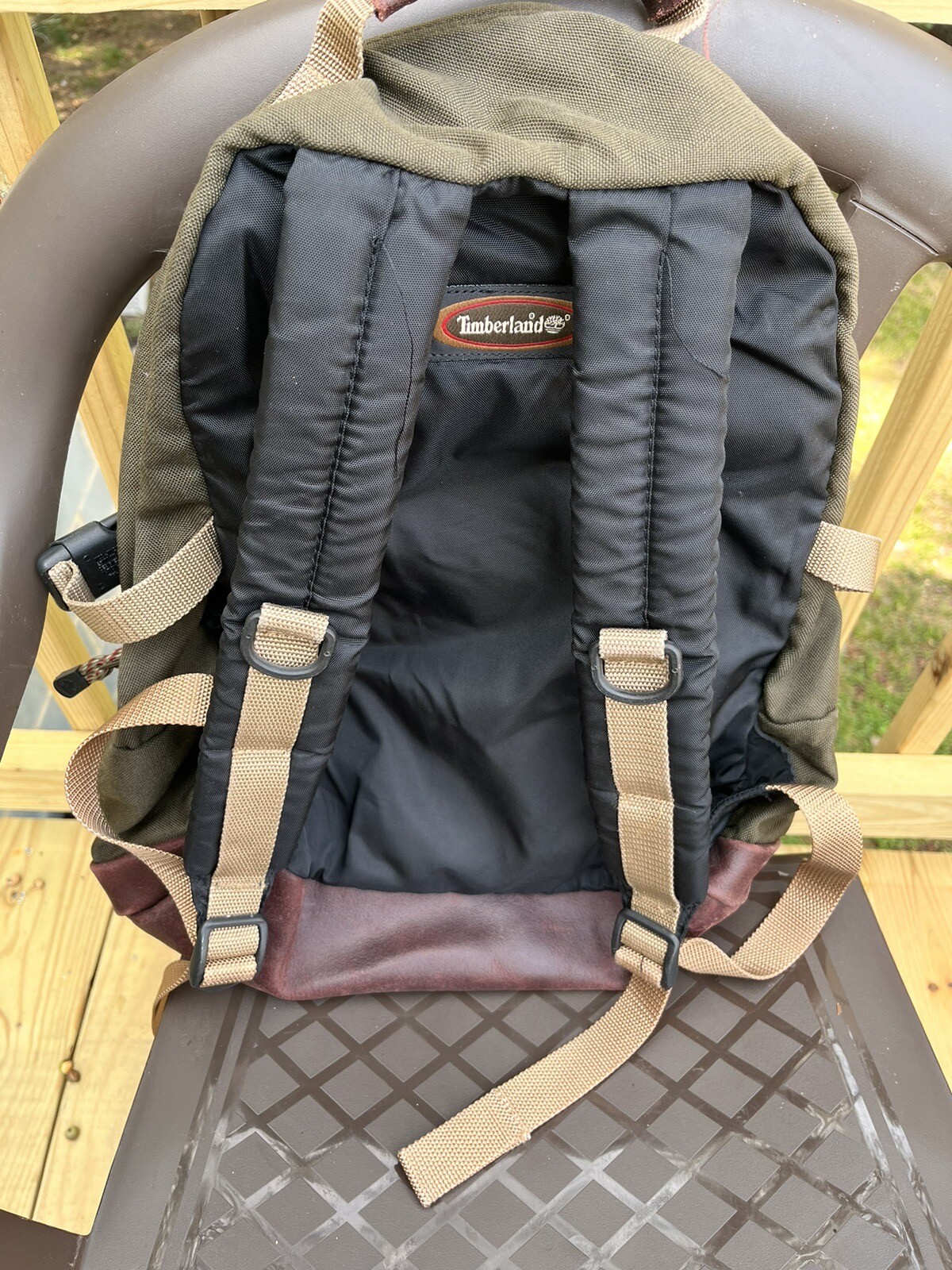 VTG Timberland Canvas Backpack School Black Olive Green/Brown Leather In Bottom