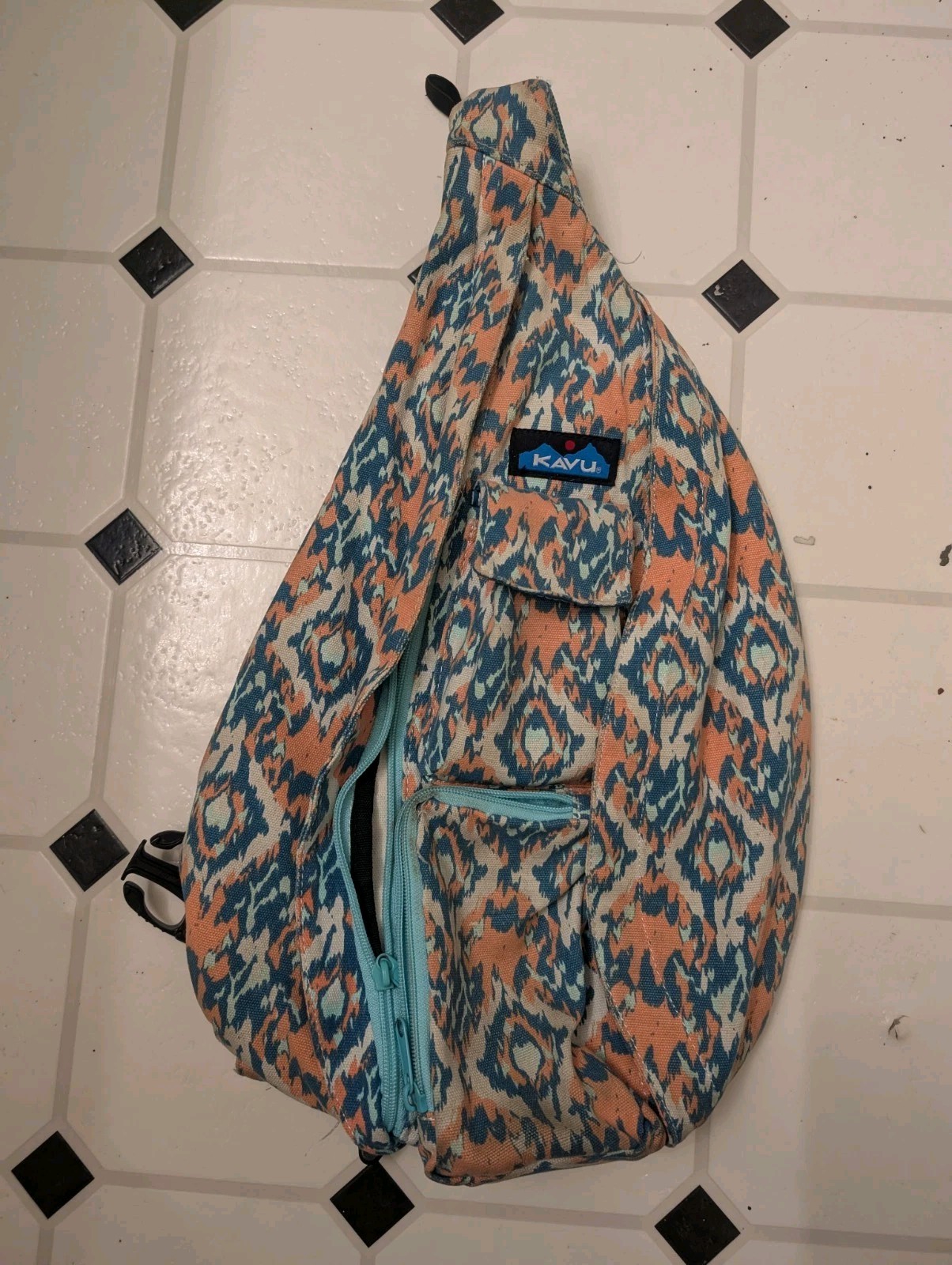 KAVU Cotton ROPE SLING Bag Blue Pink AZTEC Geometric TRIBAL Crossbody Back Pack