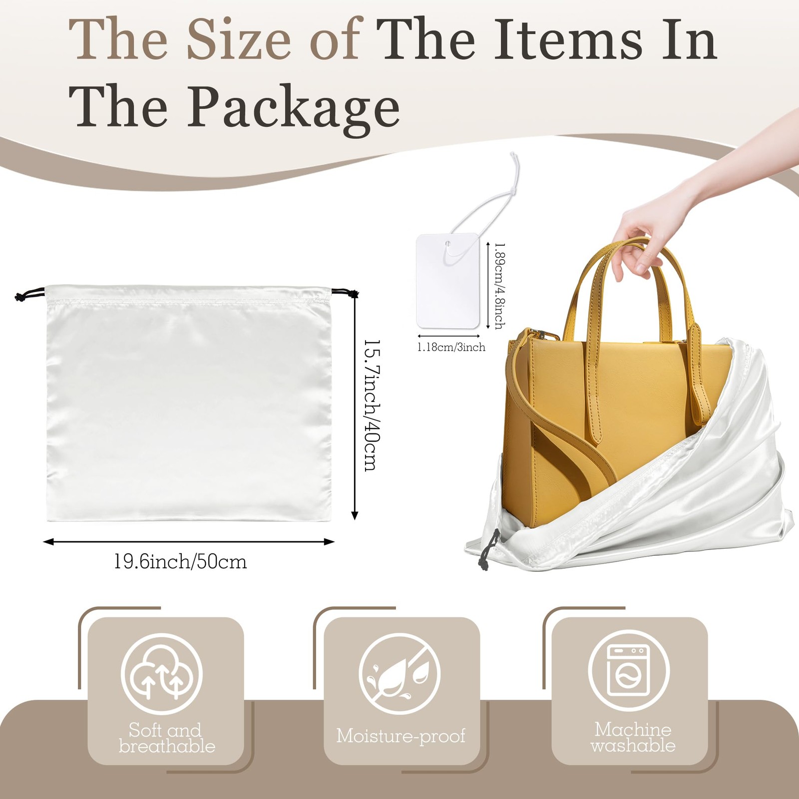 White Satin Dust Bags 3 Pack Drawstring Pouch for Purse, 19.6×15.7in