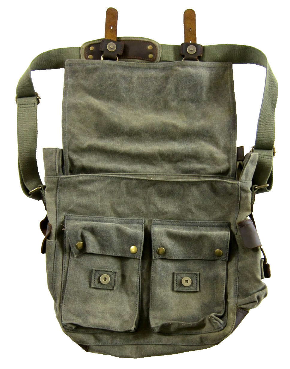 Kattee Canvas Leather Trim Zippered Camera Messenger Shoulder Bag Green Brown