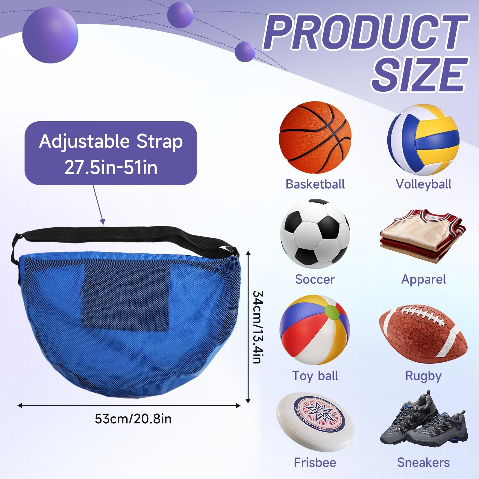 Blue Foldable Mesh Basketball Bag, Large Capacity Crossbody, Zip Storage