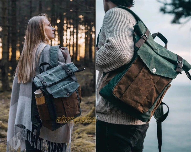 Men’s Retro Oil Wax Canvas Backpack Shoulder Bag Leisure Travel Knapsack