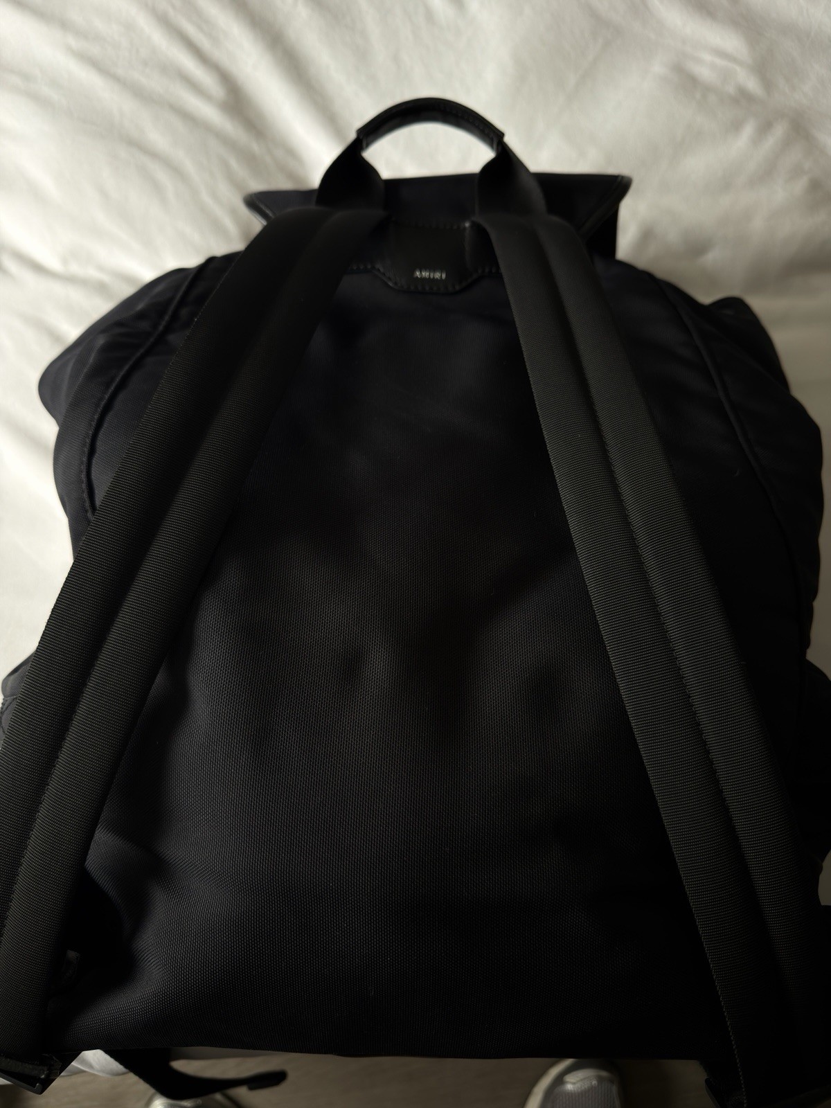 AMIRI Large Black Backpack Yellow Logo Drawstring Buckle, Pockets Unisex
