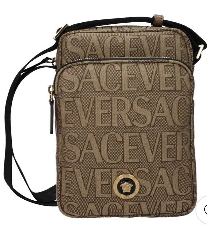 Versace Crossbody Canvas Fabric Allover Beige/brown $1200 Retail Authentic