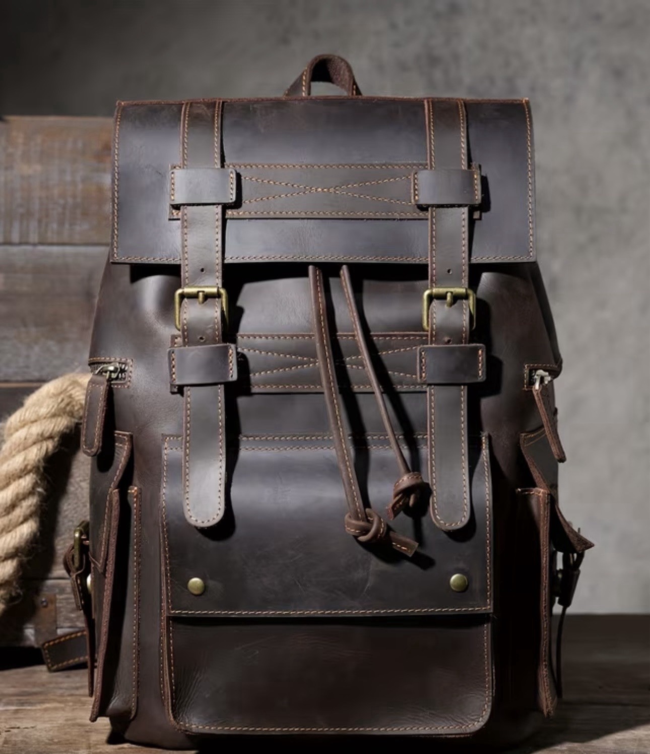 Brown Backpack – Drawstring & Buckle Closure, Adjustable Strap, Outer Pockets