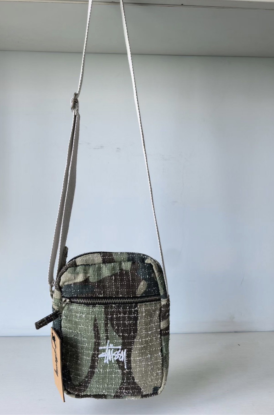 stussy green camo needlepoint shoulder bag
