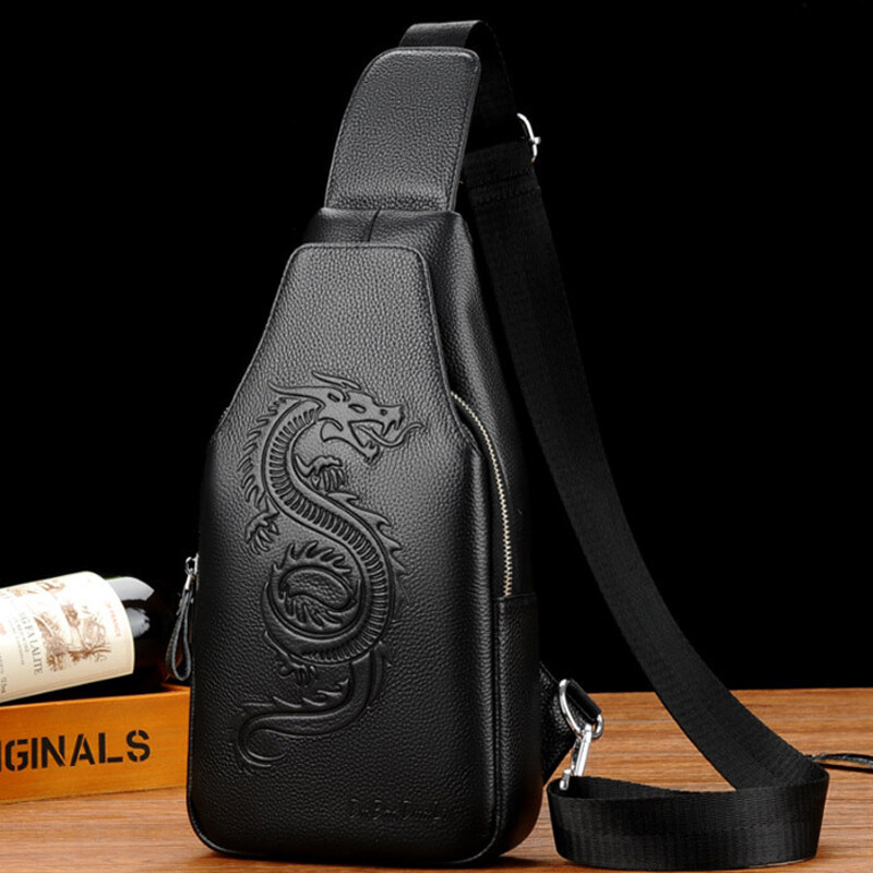 Men’s Sling Backpack Genuine Leather Crossbody Bag Shoulder Bag Dragon Embossing
